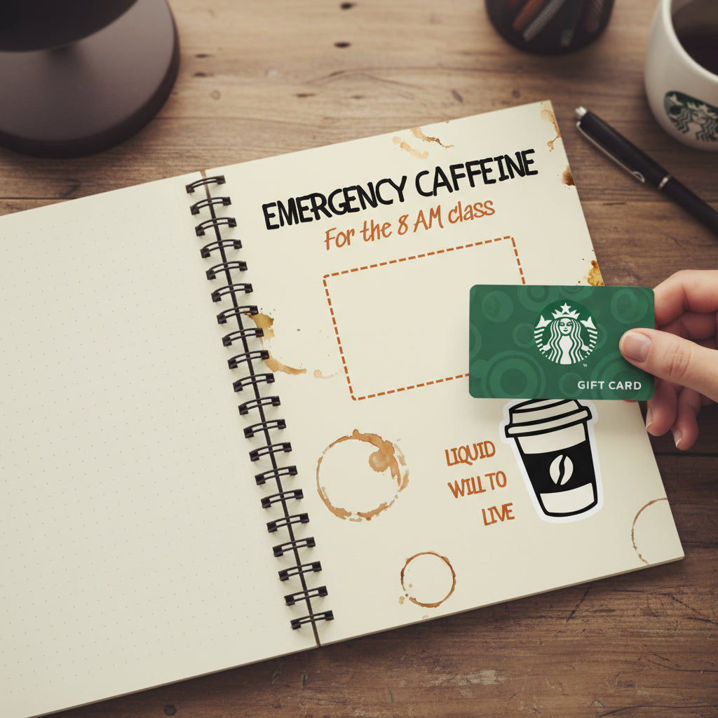 Emergency Caffeine page "For the 8 AM class" holding a Starbucks gift card
