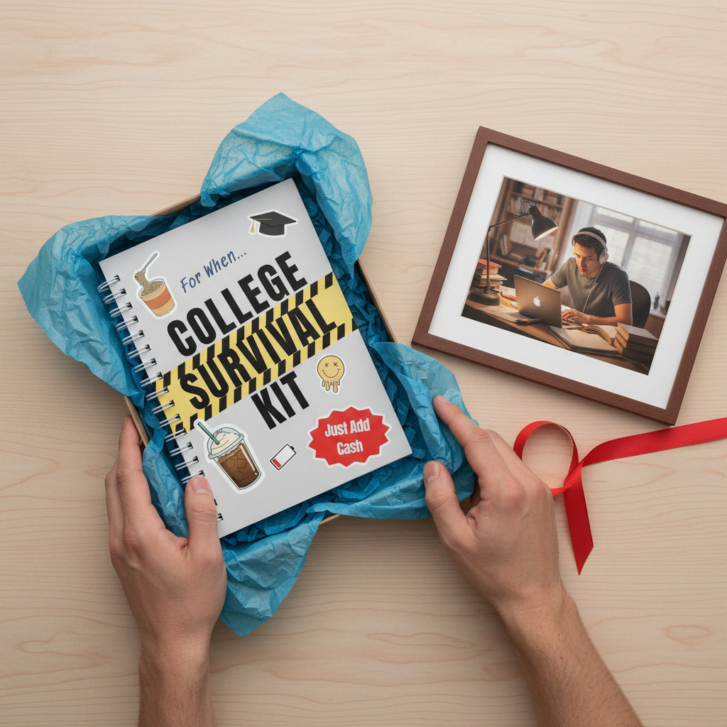 Hands opening a gift box with the College Survival Kit wrapped in blue tissue paper