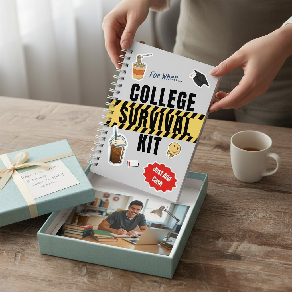 Hands lifting the College Survival Kit from a keepsake box with a family photo inside