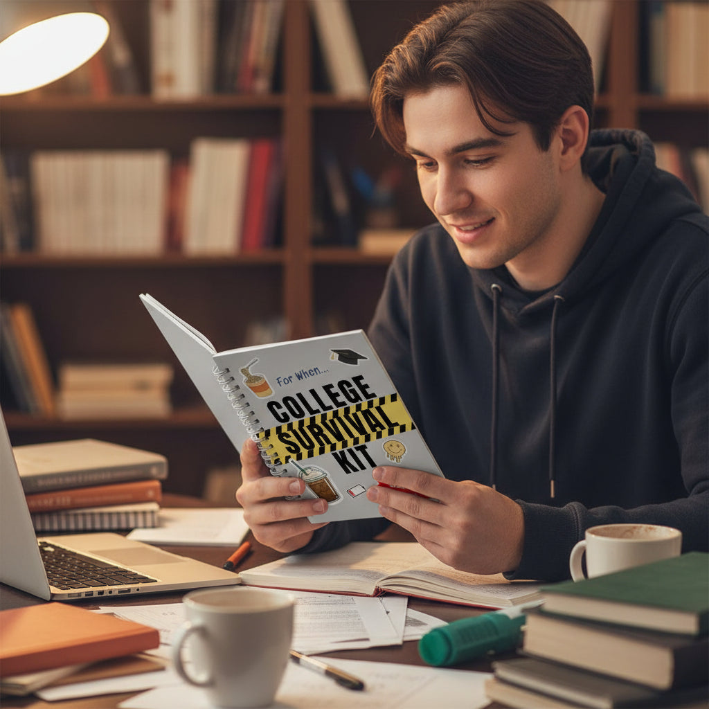College student smiling while reading his College Survival Kit at a study desk